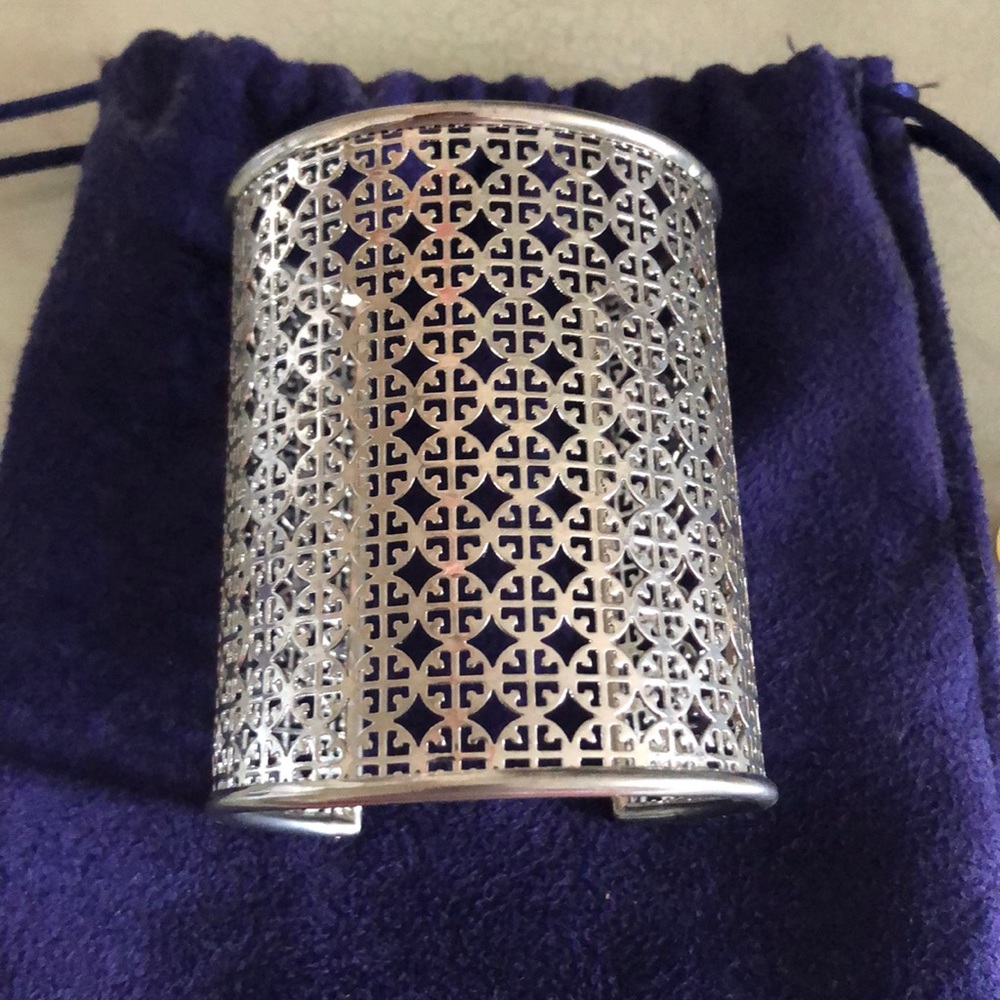 Tory Burch Silver Logo Cuff Bracelet Adjustable